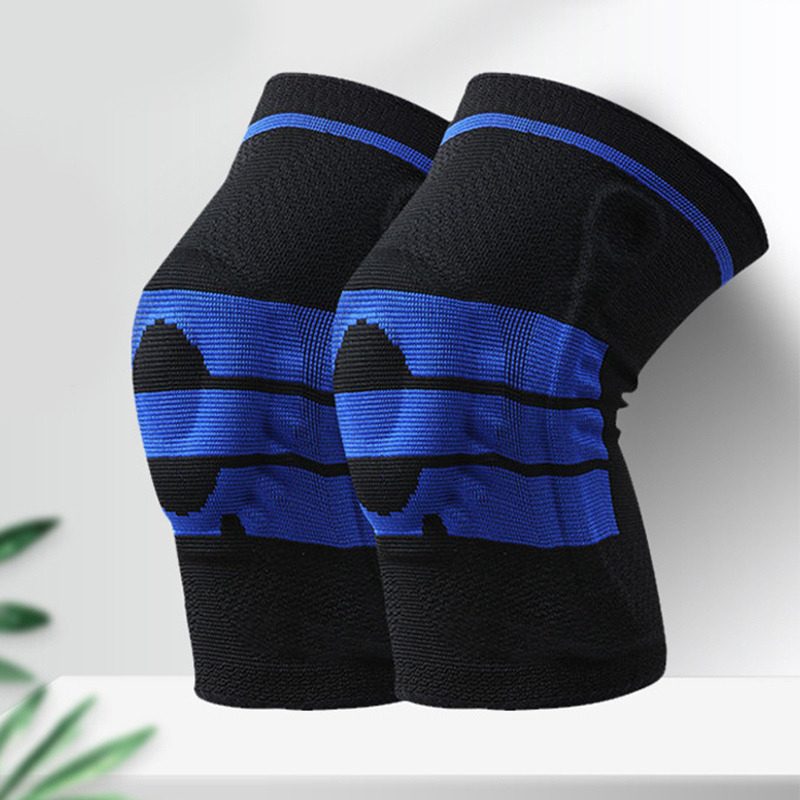 "Silikon Kniebandage mit gepolstertem Kompressionsring, stabilisierenden Federn und Gelpad in Grau, Rot oder Schwarz."