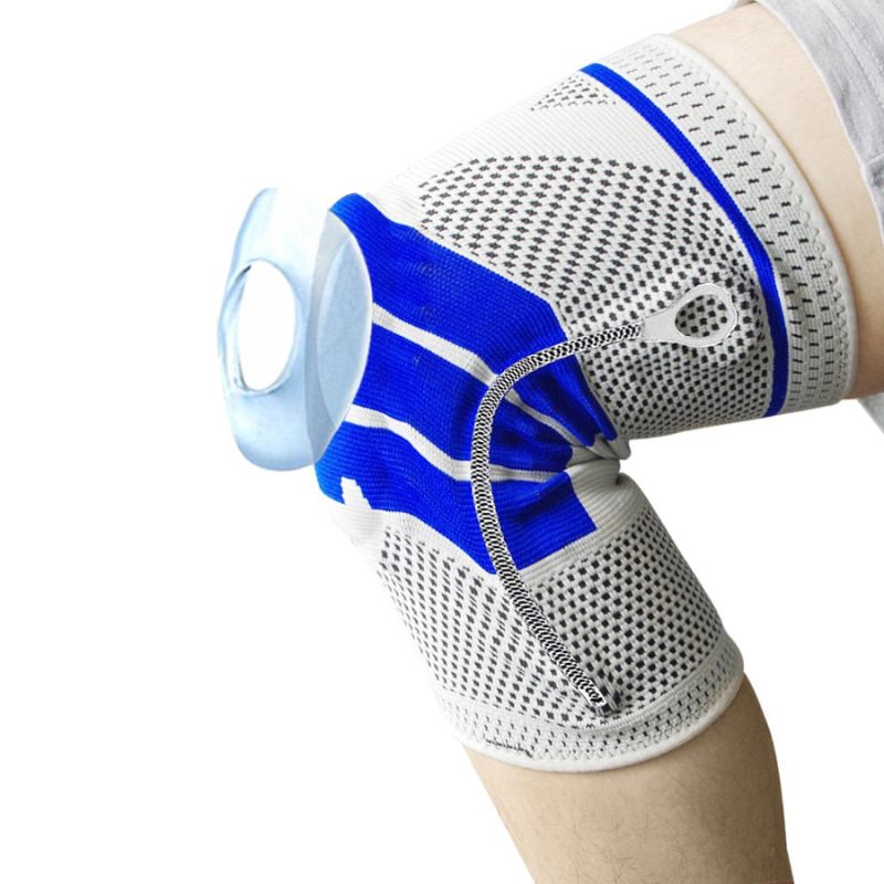 "Silikon Kniebandage mit gepolstertem Kompressionsring, stabilisierenden Federn und Gelpad in Grau, Rot oder Schwarz."