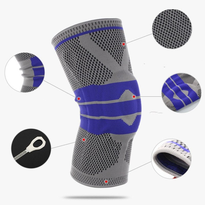 "Silikon Kniebandage mit gepolstertem Kompressionsring, stabilisierenden Federn und Gelpad in Grau, Rot oder Schwarz."