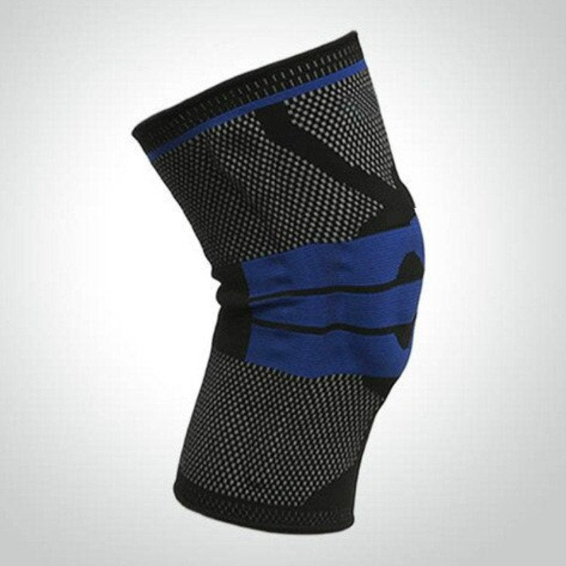 "Silikon Kniebandage mit gepolstertem Kompressionsring, stabilisierenden Federn und Gelpad in Grau, Rot oder Schwarz."