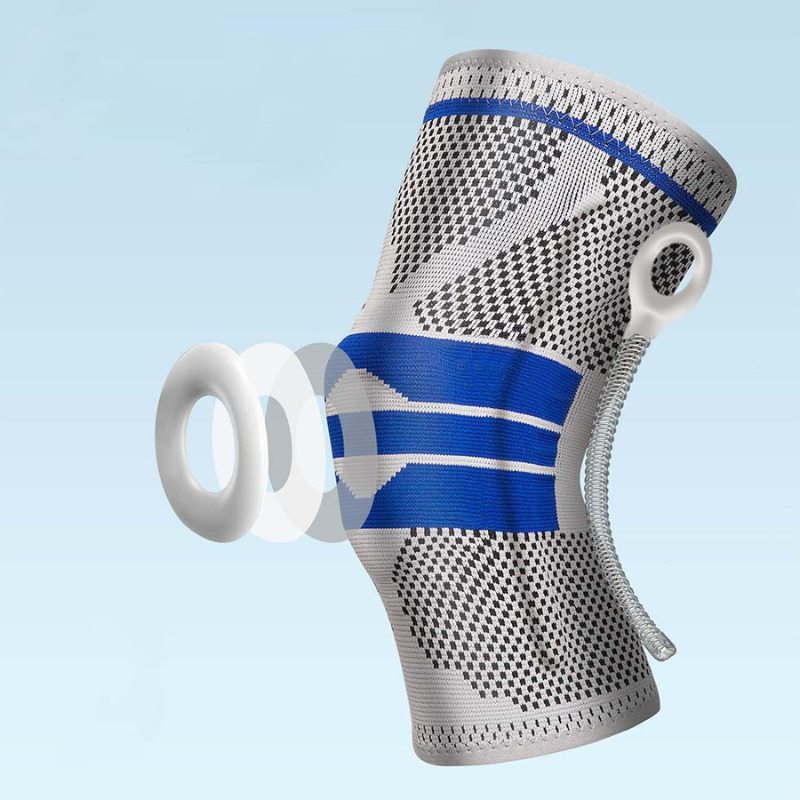 "Silikon Kniebandage mit gepolstertem Kompressionsring, stabilisierenden Federn und Gelpad in Grau, Rot oder Schwarz."