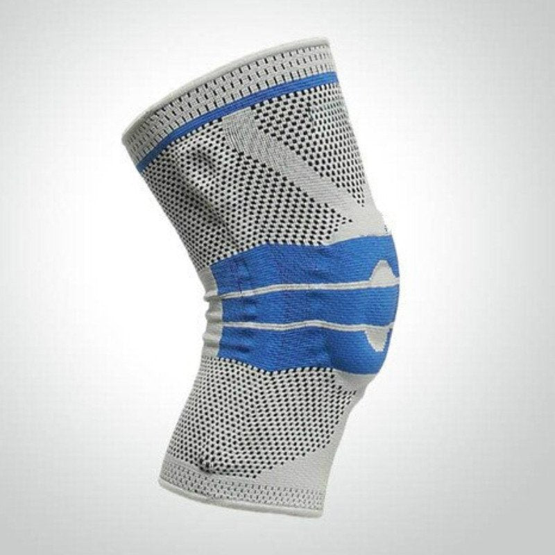 "Silikon Kniebandage mit gepolstertem Kompressionsring, stabilisierenden Federn und Gelpad in Grau, Rot oder Schwarz."