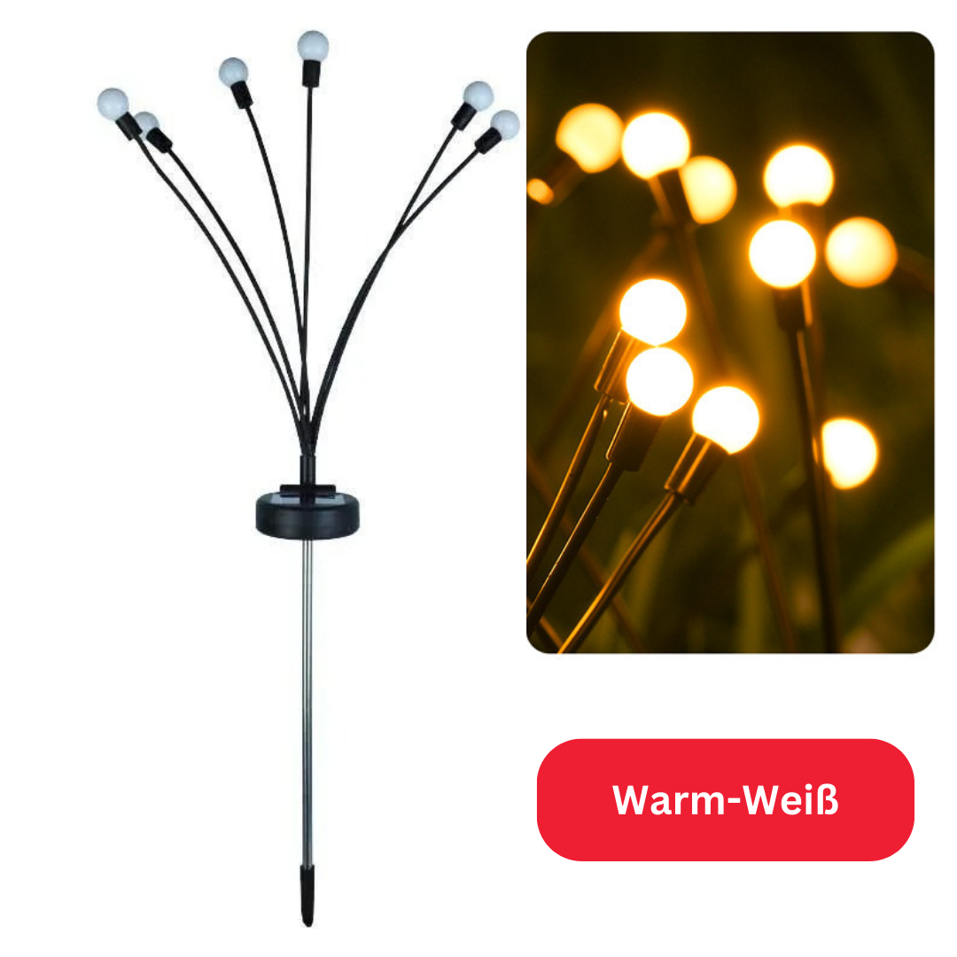 "Solarbetriebene Glühwürmchen Gartenlichter, umweltfreundlich, warmes Licht, flexible Stiele, ideal für Außenbereiche."