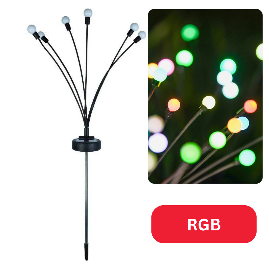 "Solarbetriebene Glühwürmchen Gartenlichter, umweltfreundlich, warmes Licht, flexible Stiele, ideal für Außenbereiche."