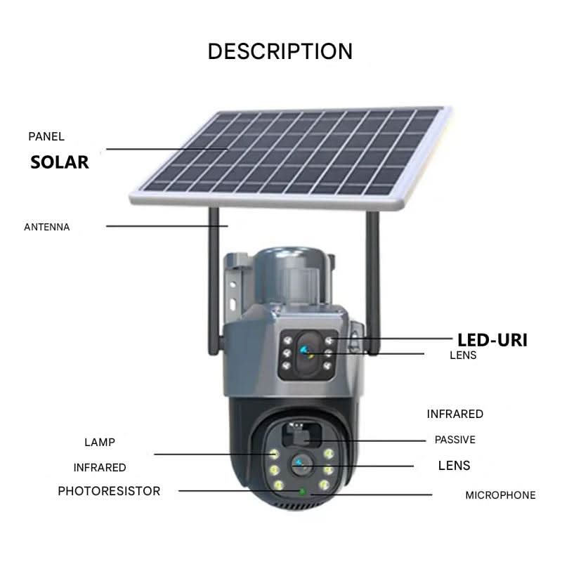 Solargesteuerte 4K-Überwachungskamera mit modernem Design, drahtlos, wetterfest, 360°-Sicht, ideal für den Außenbereich.