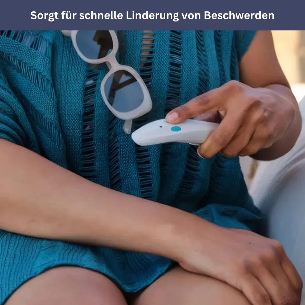 "Stichheiler ThermoRelief in Nahaufnahme, kompaktes Design, für schnelle Schmerzlinderung bei Insektenstichen geeignet."