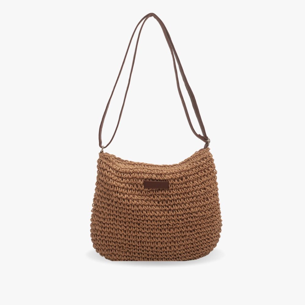 "Stilvolle geflochtene Umhängetasche für Damen in Beige, geräumig mit modernem Webdesign und eleganter Textur."