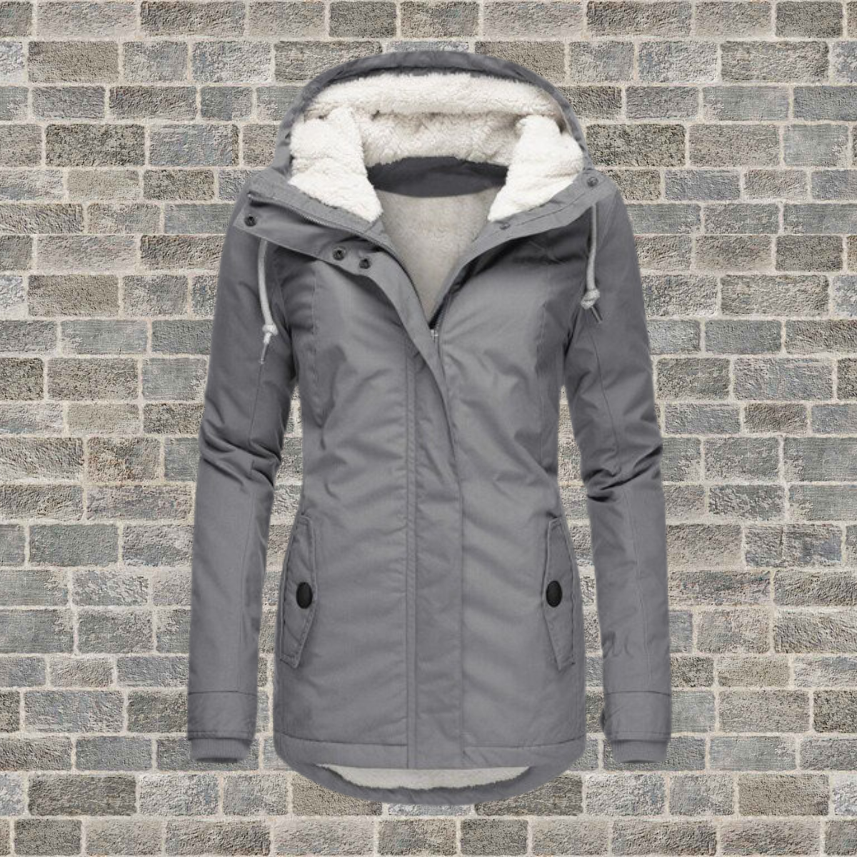 Stilvoller Baumwollmantel Damen, plissiert mit Teddy-Kapuze, Frontansicht, eleganter Wintermantel für Spaziergänge.