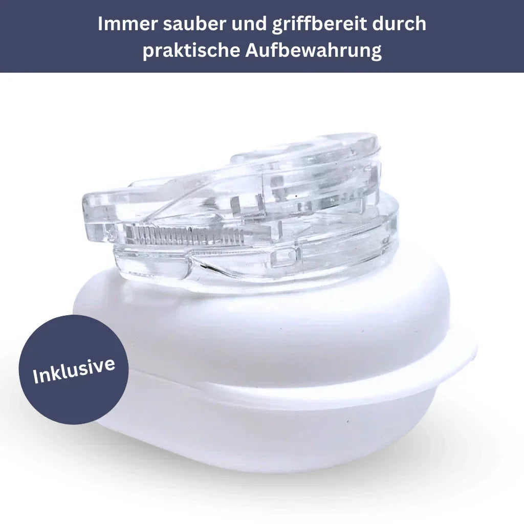 "Transparenter Schnarchschutzeinsatz, ergonomisch geformt für hohen Tragekomfort; verhindert nächtliches Zähneknirschen."