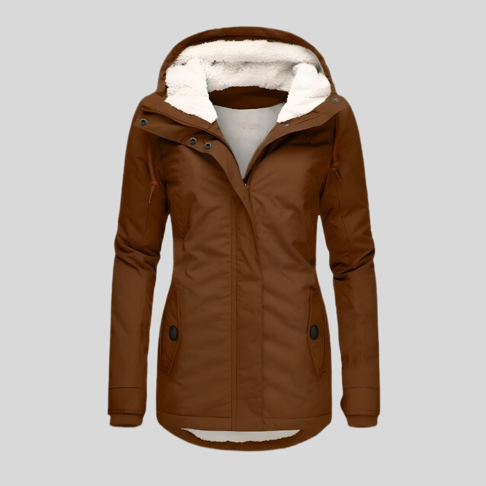 "Wasserdichte Damen Winterjacke, lang geschnitten mit Kapuze, warm gefüttert, ideal für Komfort und Stil im Winter."