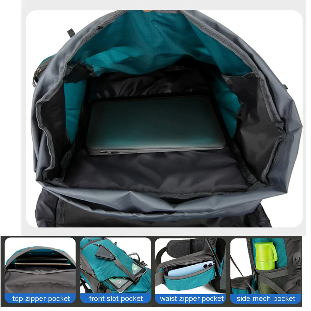 "Wasserdichter 70L Trekkingrucksack in Dunkelgrün, robustes Nylon, mit Regenschutz und Polsterung für langen Tragekomfort"