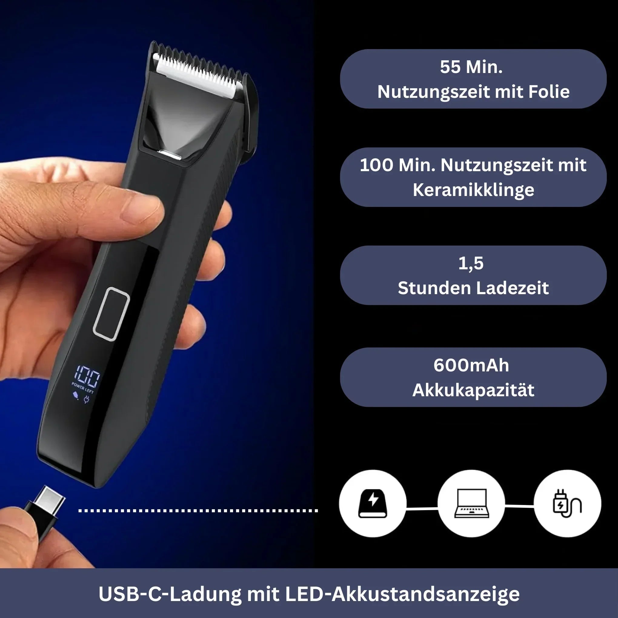 Wasserdichter Männertrimmer mit Doppelklingen, ergonomisches Design, für präzise, sanfte Haarentfernung; ideal für Dusche.