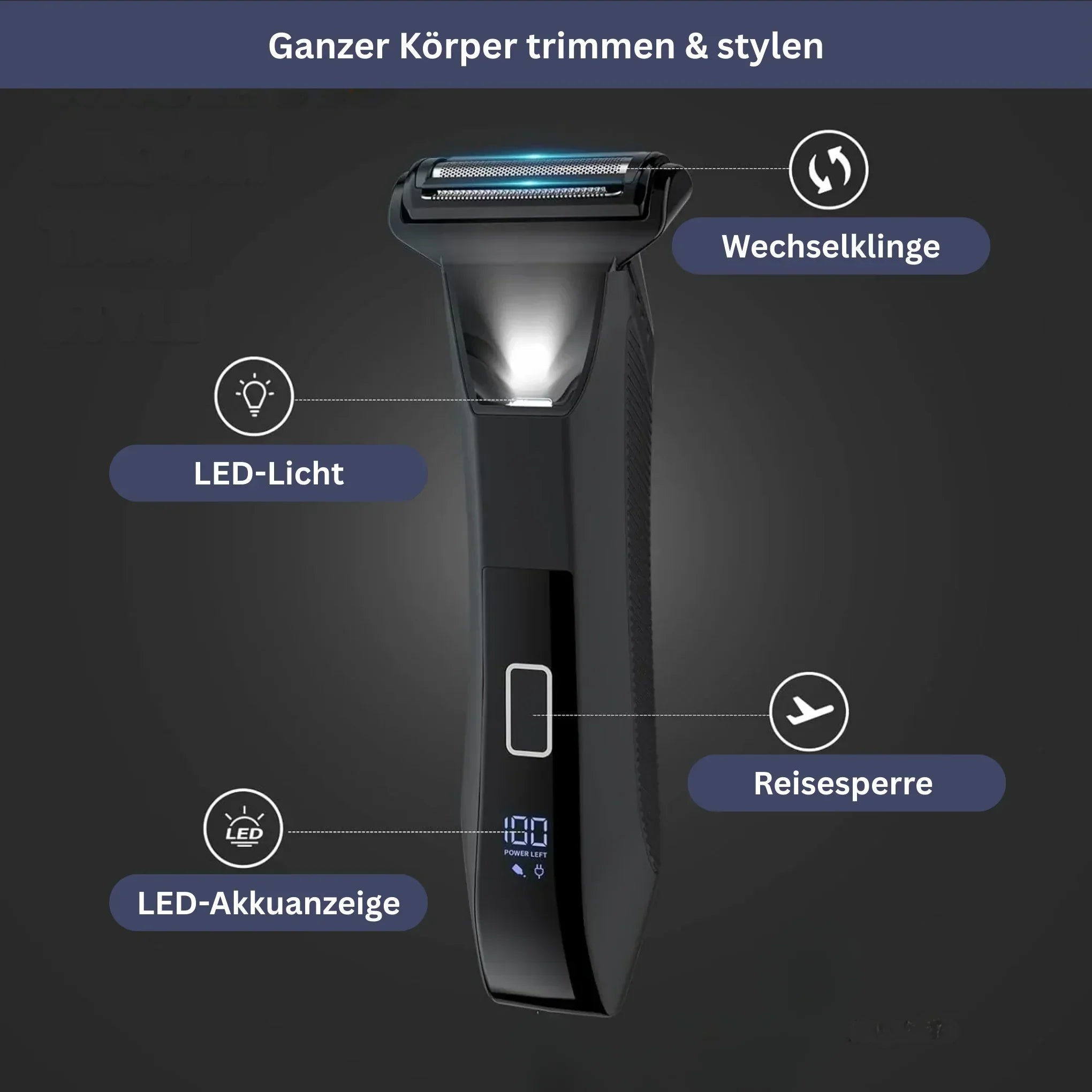 Wasserdichter Männertrimmer mit Doppelklingen, ergonomisches Design, für präzise, sanfte Haarentfernung; ideal für Dusche.