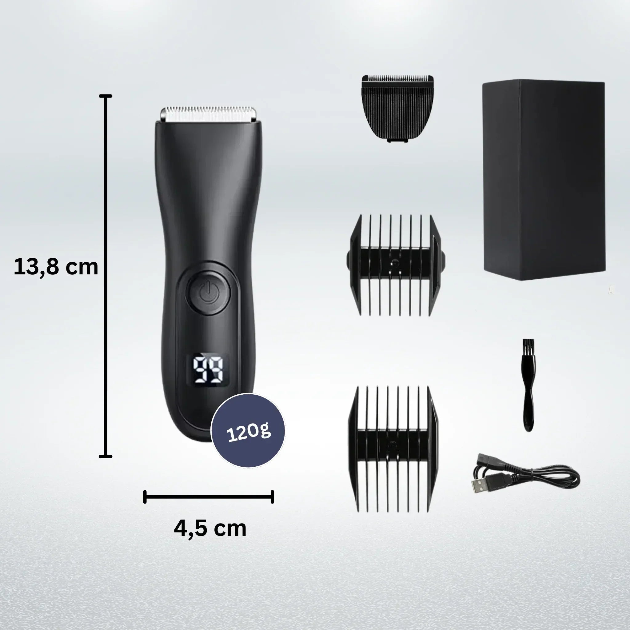 "Wasserdichter Präzisionstrimmer für Körperpflege, ergonomisch, wiederaufladbar, für trockene und nasse Anwendung geeignet."