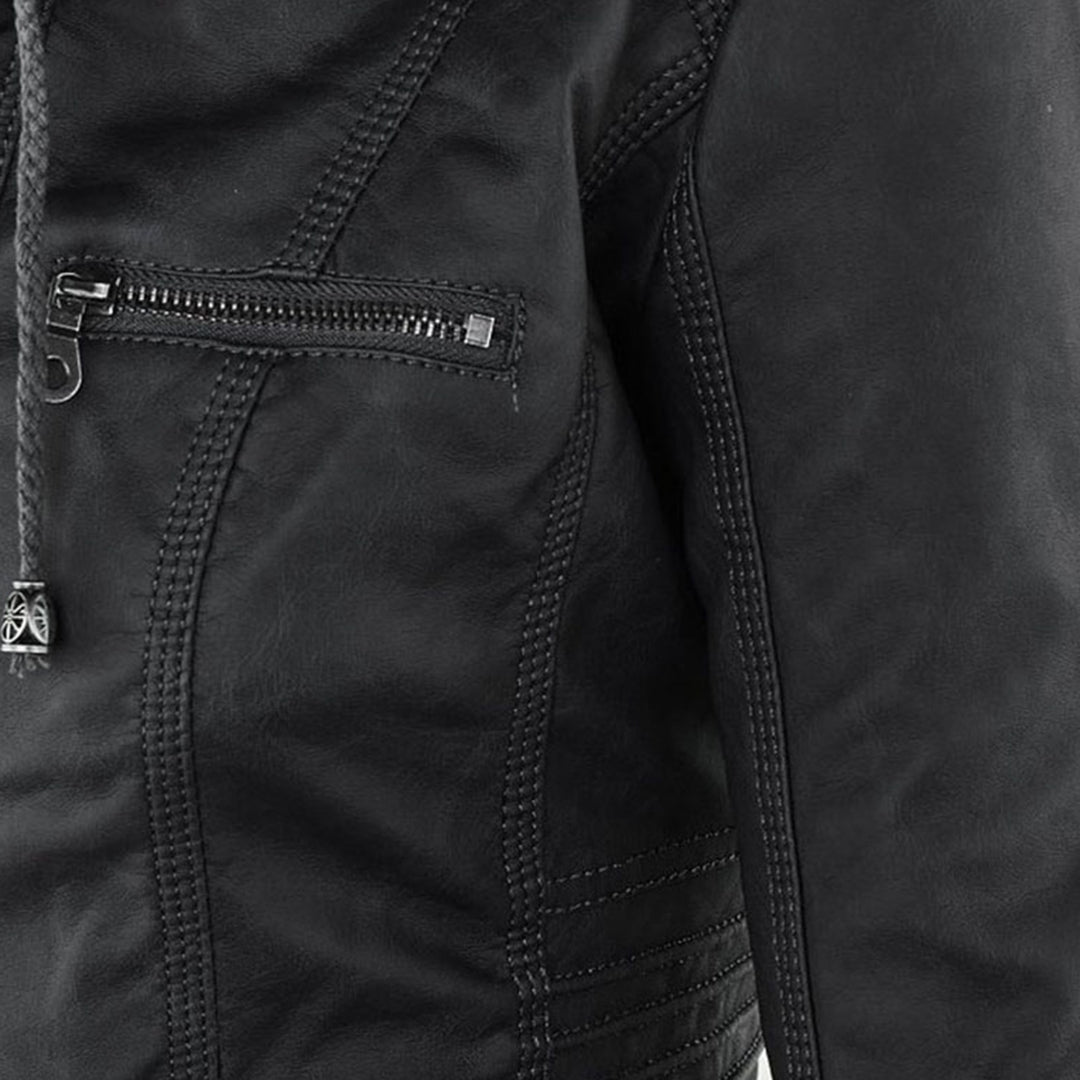 "Wetterfeste Damen Lederjacke mit Kapuze in Schwarz, klassisches Design, elegant und funktional für alle Jahreszeiten."
