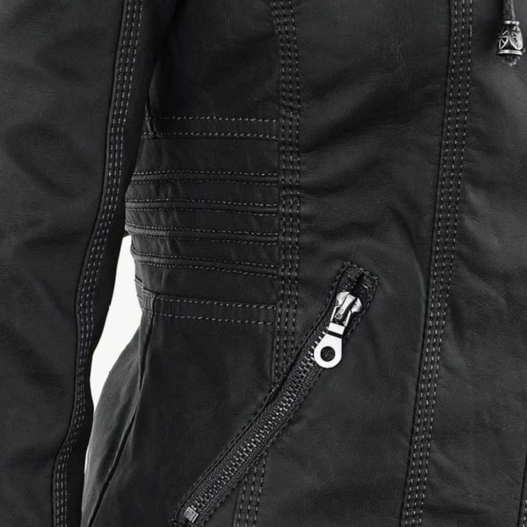 "Wetterfeste Damen Lederjacke mit Kapuze in Schwarz, klassisches Design, elegant und funktional für alle Jahreszeiten."