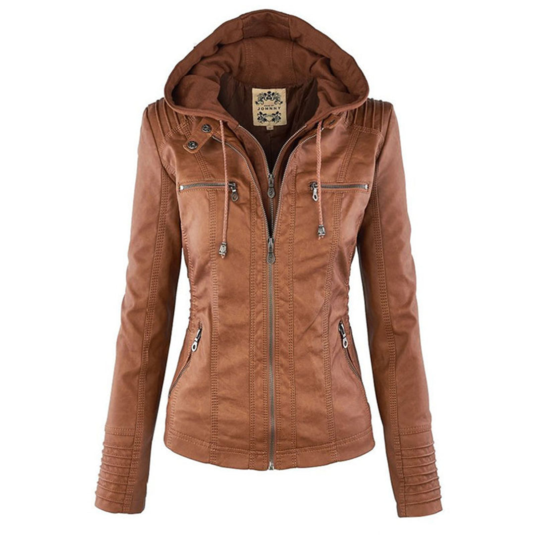 "Wetterfeste Damen Lederjacke mit Kapuze in Schwarz, klassisches Design, elegant und funktional für alle Jahreszeiten."