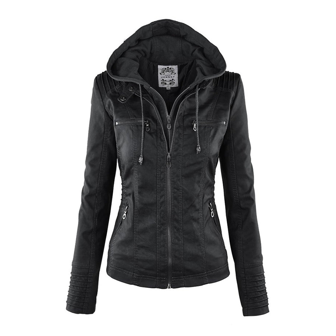 "Wetterfeste Damen Lederjacke mit Kapuze in Schwarz, klassisches Design, elegant und funktional für alle Jahreszeiten."