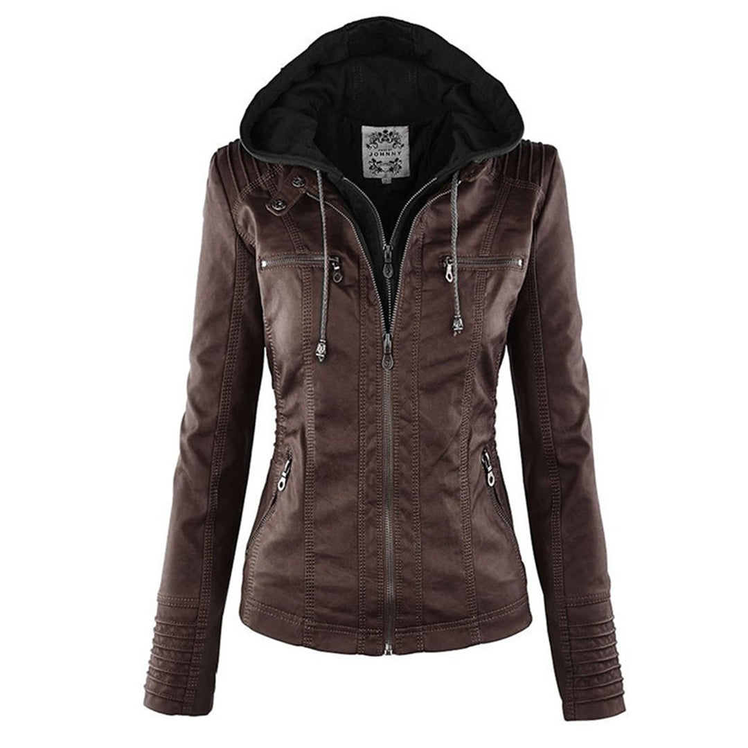"Wetterfeste Damen Lederjacke mit Kapuze in Schwarz, klassisches Design, elegant und funktional für alle Jahreszeiten."