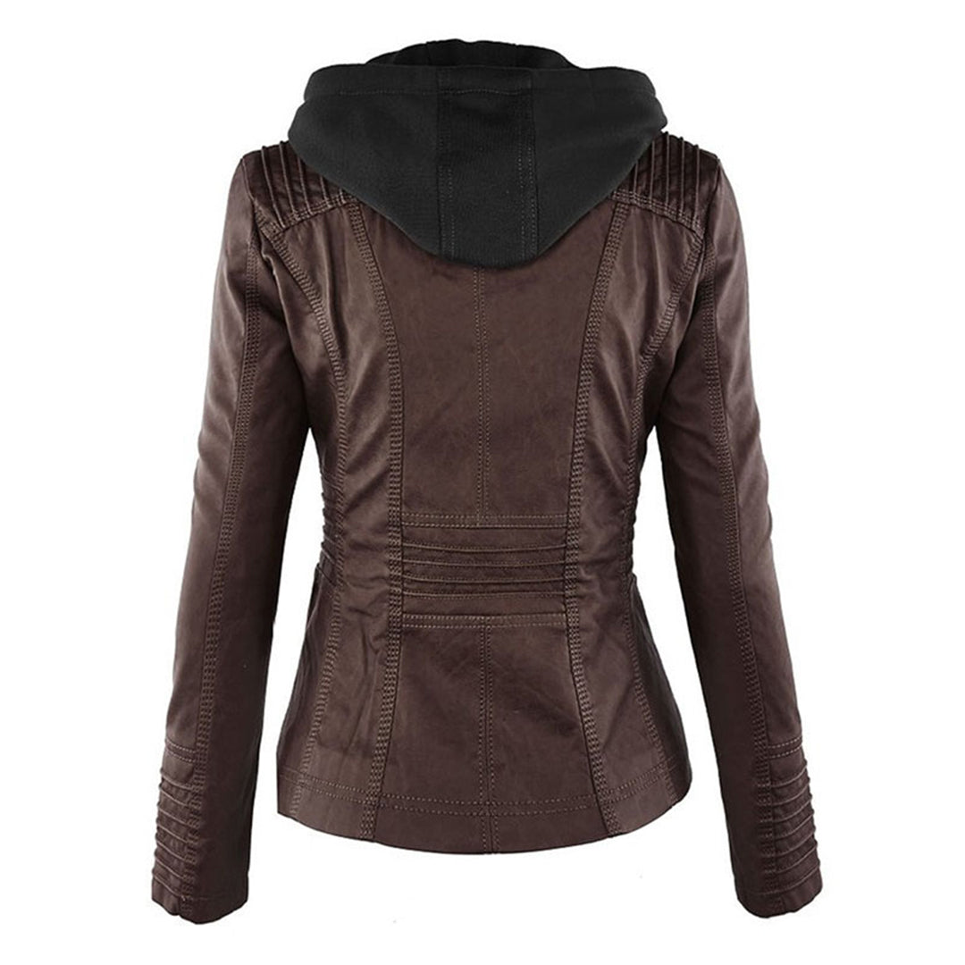 "Wetterfeste Damen Lederjacke mit Kapuze in Schwarz, klassisches Design, elegant und funktional für alle Jahreszeiten."