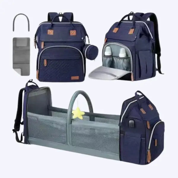 "Wickeltasche mit integriertem Wickelstation, geräumig, grau-blau, isolierte Fächer, verstellbare Riemen, ideal unterwegs"