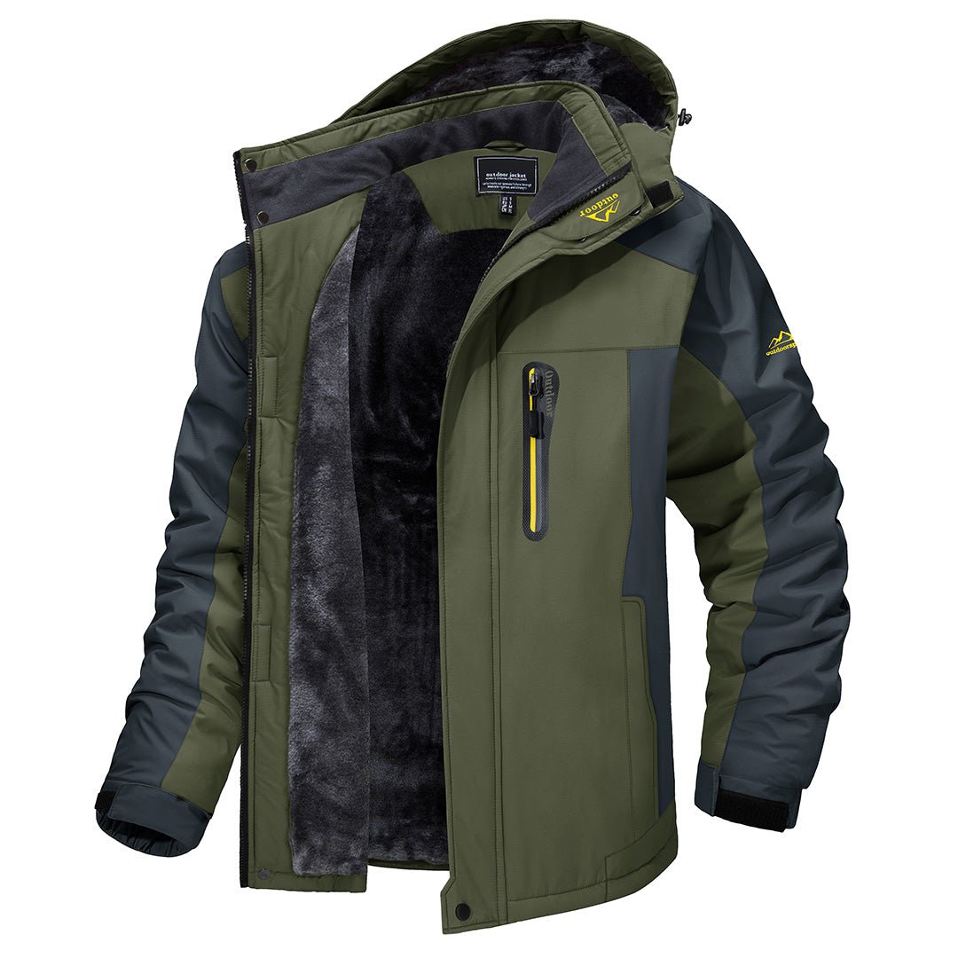 "Winddichte Herren Outdoor-Jacke, robust und stilvoll, in Blau mit Kapuze und funktionalen Details, ideal für Abenteuer."