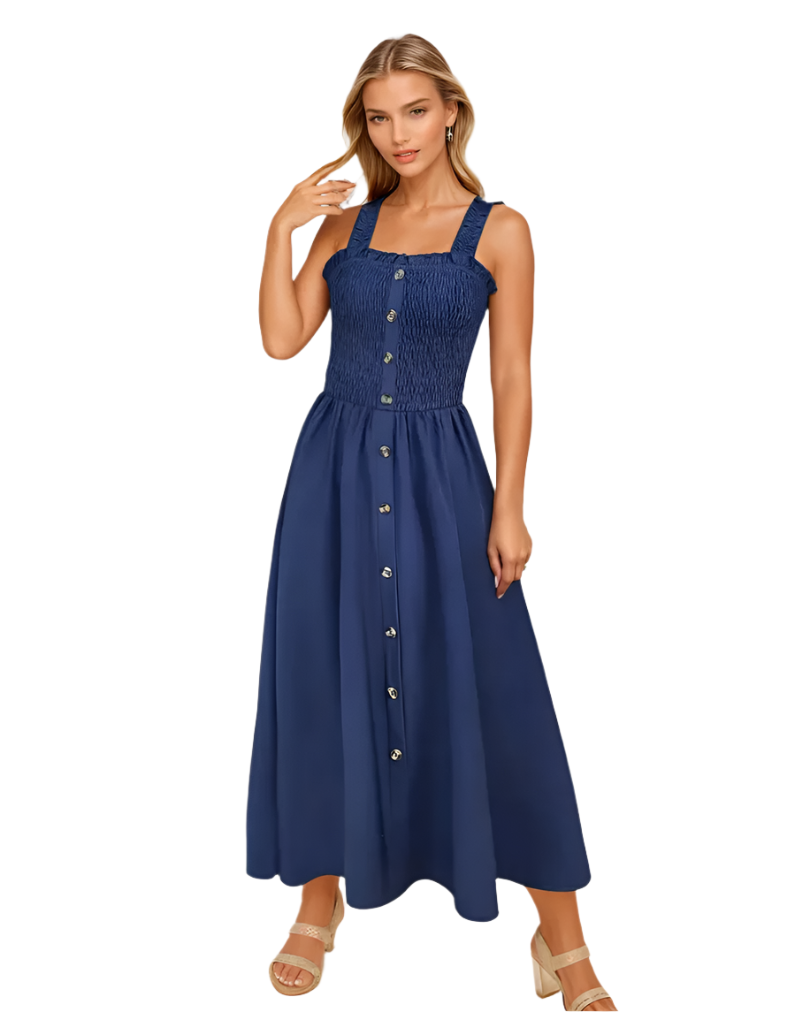 A-line maxikjole for kvinner med shirret midje, firkantet hals. Elegant og komfortabel vår-/sommerkjole.