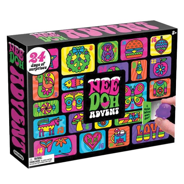 Adventskalender med 24 fargerike fidget-leker for barn, perfekt for julen.