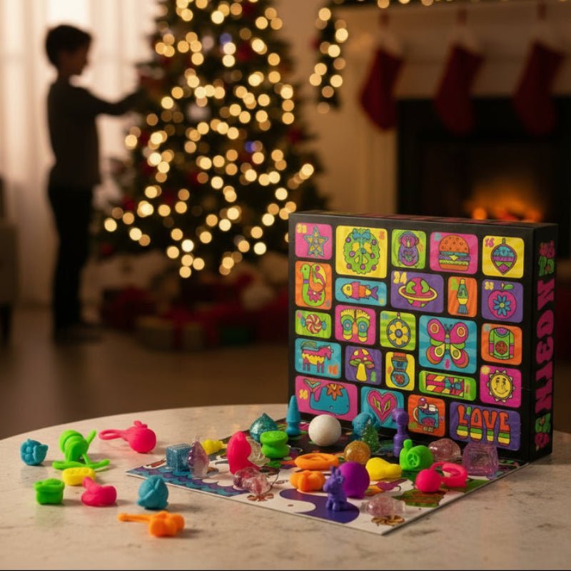 Nærbilde av en samling av 24 unike fidget-leker i en barneadventskalender.