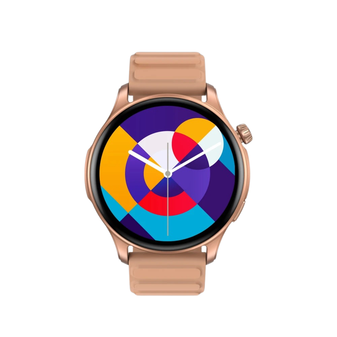 AMOLED smartklokke med fitnessporing, pulsmåler og Bluetooth-samtaler, vist fra fronten.