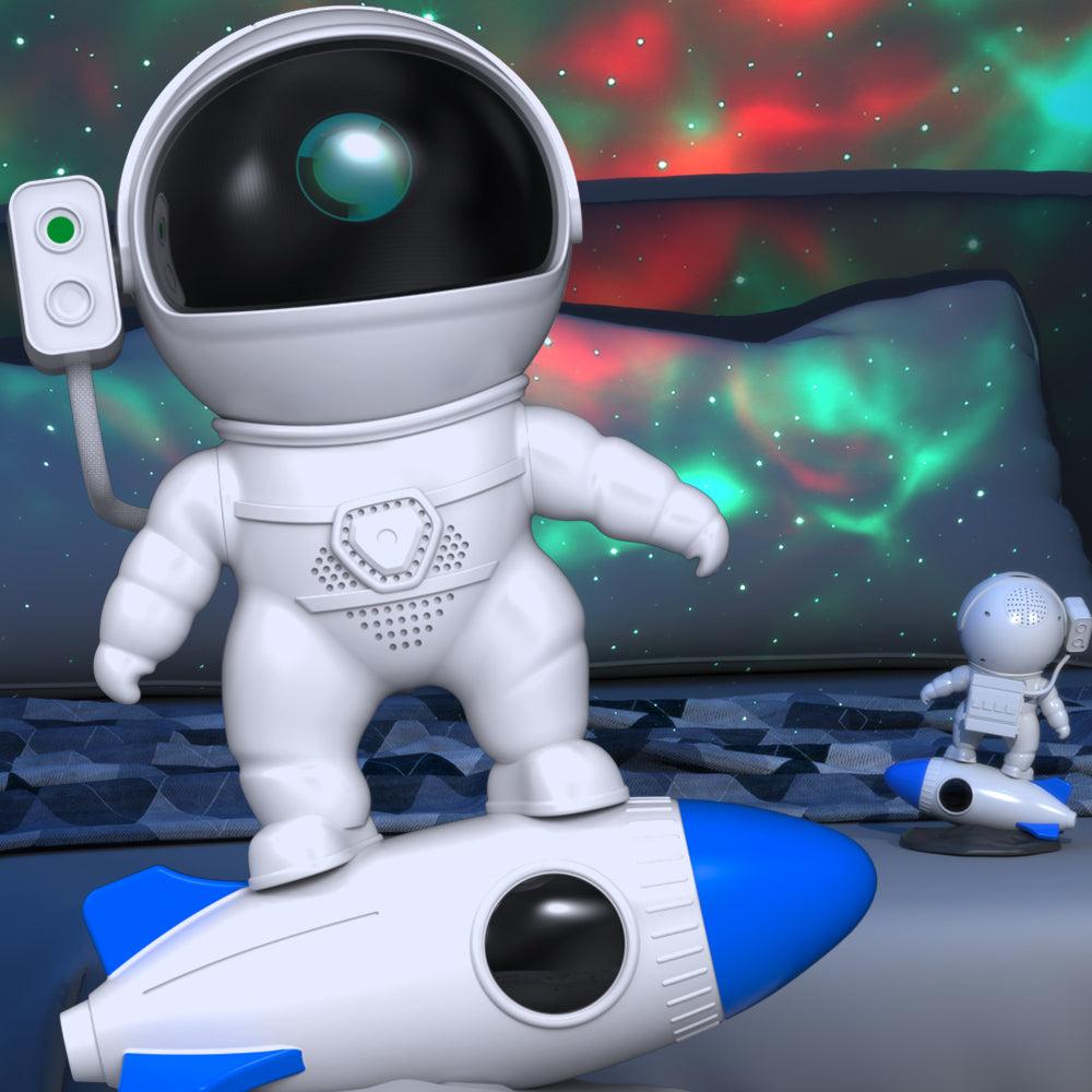 Allsidig astronautprojektorlampe: nattlys, romdekor, galakseprojeksjon og Bluetooth-høyttaler.