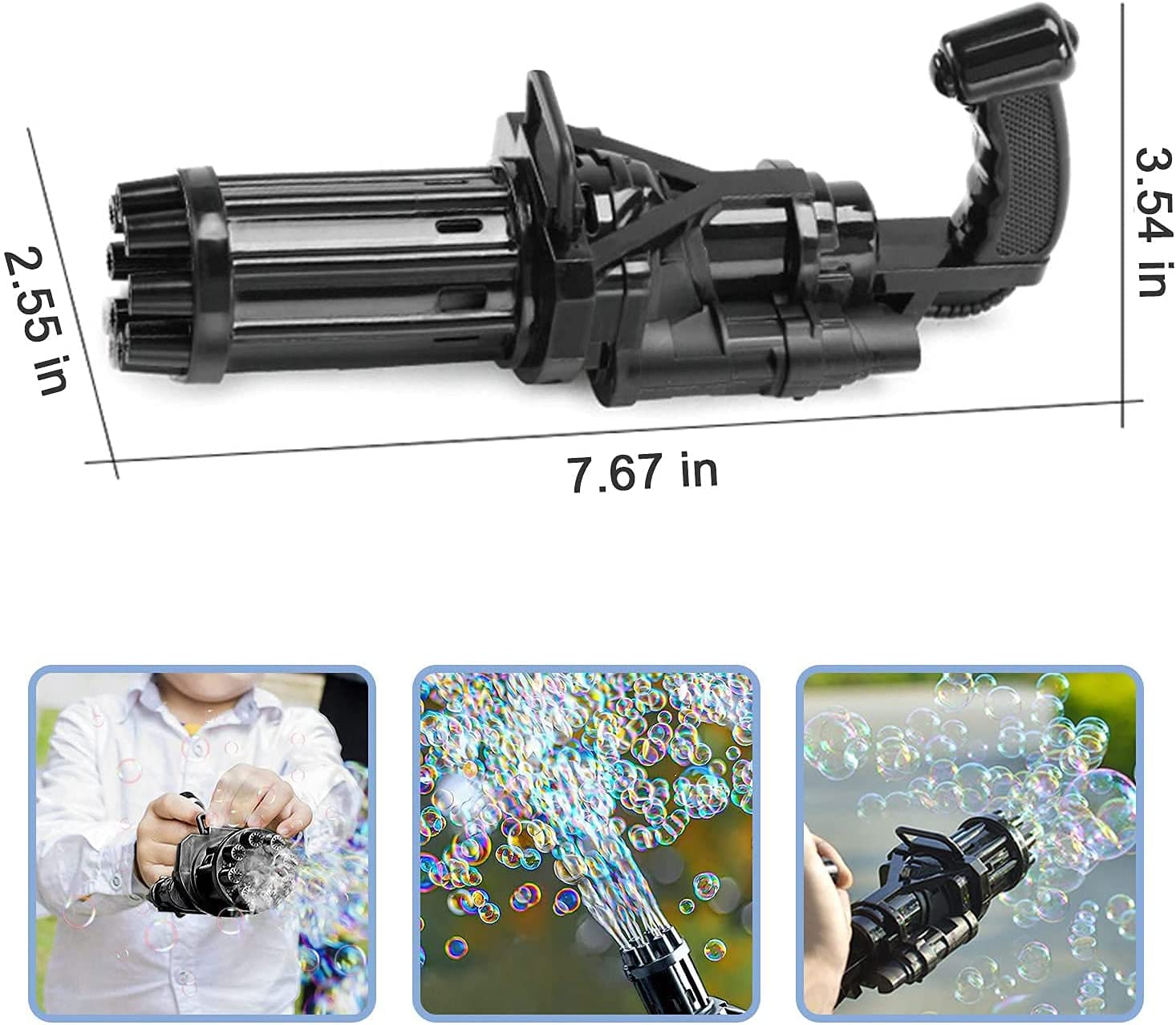 Høyvolum automatisk boblepistol for barn. Gatling-design skyter mange bobler raskt, for fest og lek.