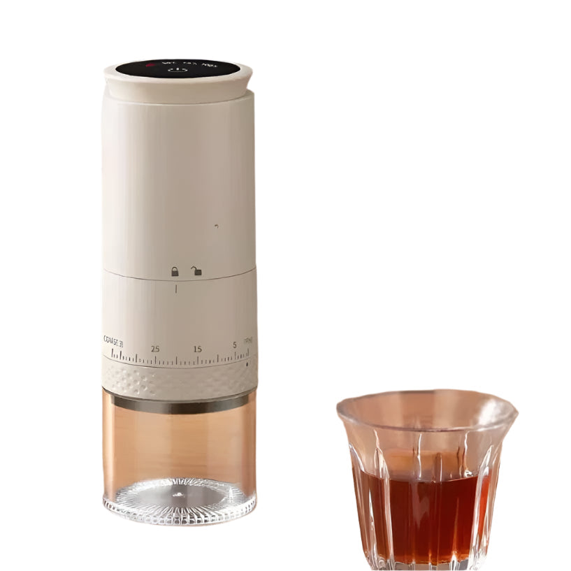 Kompakt, bærbar elektrisk kaffekvern for enkel brygging. Justerbar malingsgrad til alt kaffeutstyr.