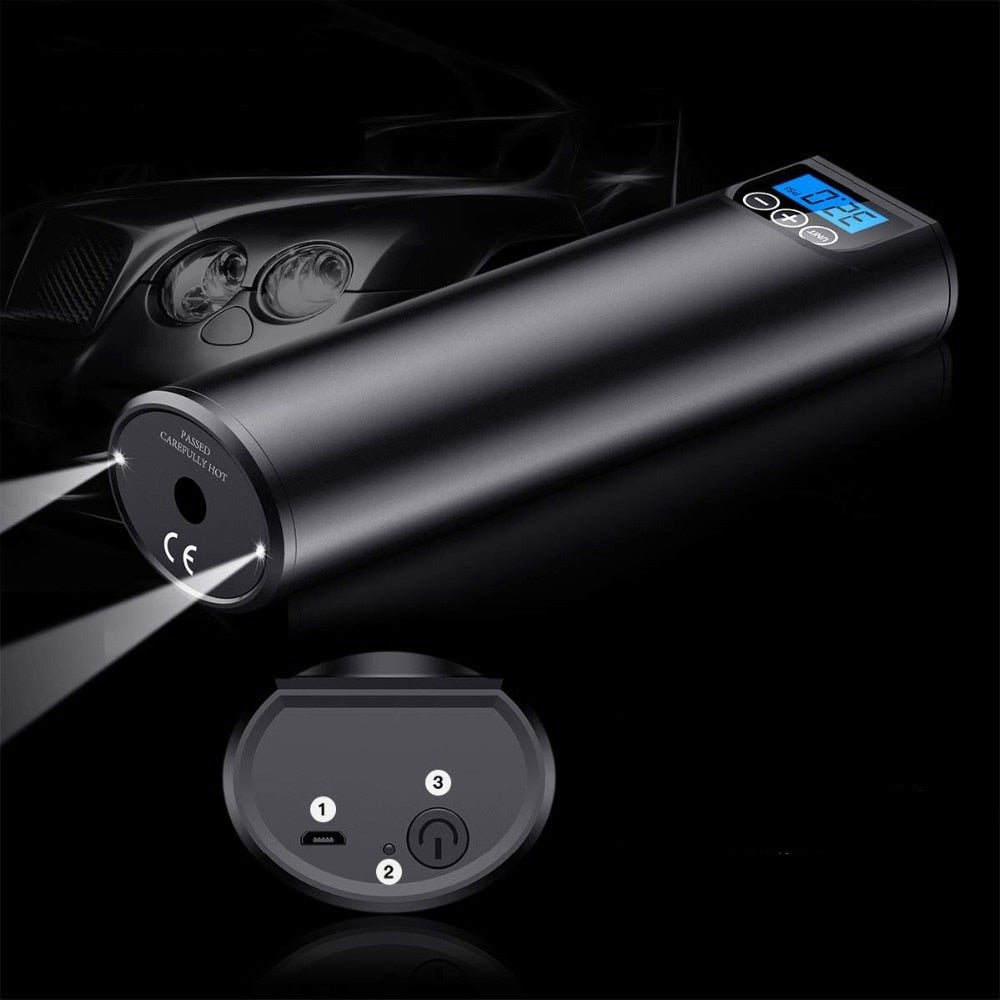 Trådløs elektrisk pumpe med tydelig display. USB-oppladbar luftpumpe for dekk, baller og sykkeldekk.