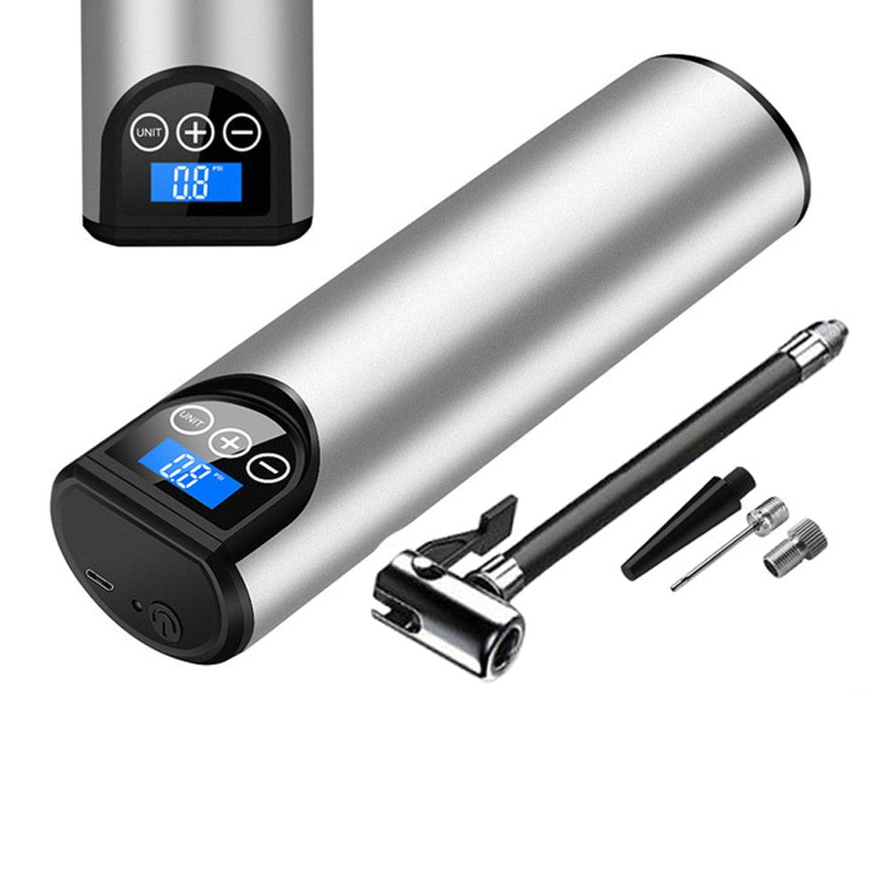 Allsidig luftpumpe for sykkel, bil og sportsutstyr. Inkluderer diverse adaptere og USB-C lader for reiser.