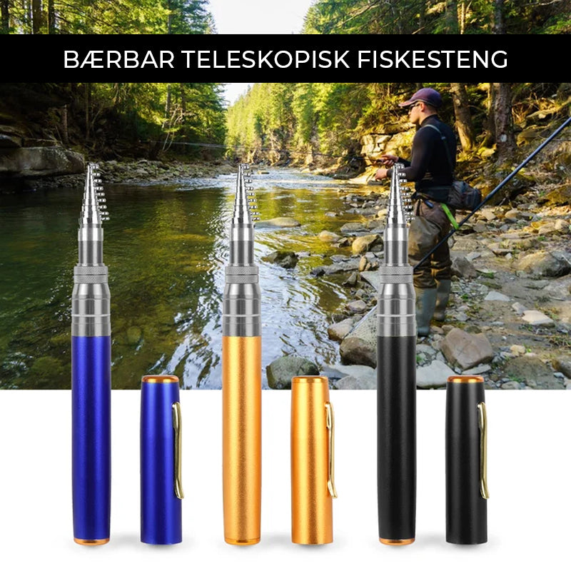 Bærbar fiskestang ved et vann, symboliserer friheten ved friluftsliv og fiske.