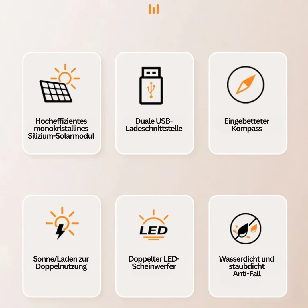 Bærbar solcellekraftbank med lommelykt, designet for camping og eventyr. Hold mobilen ladet.