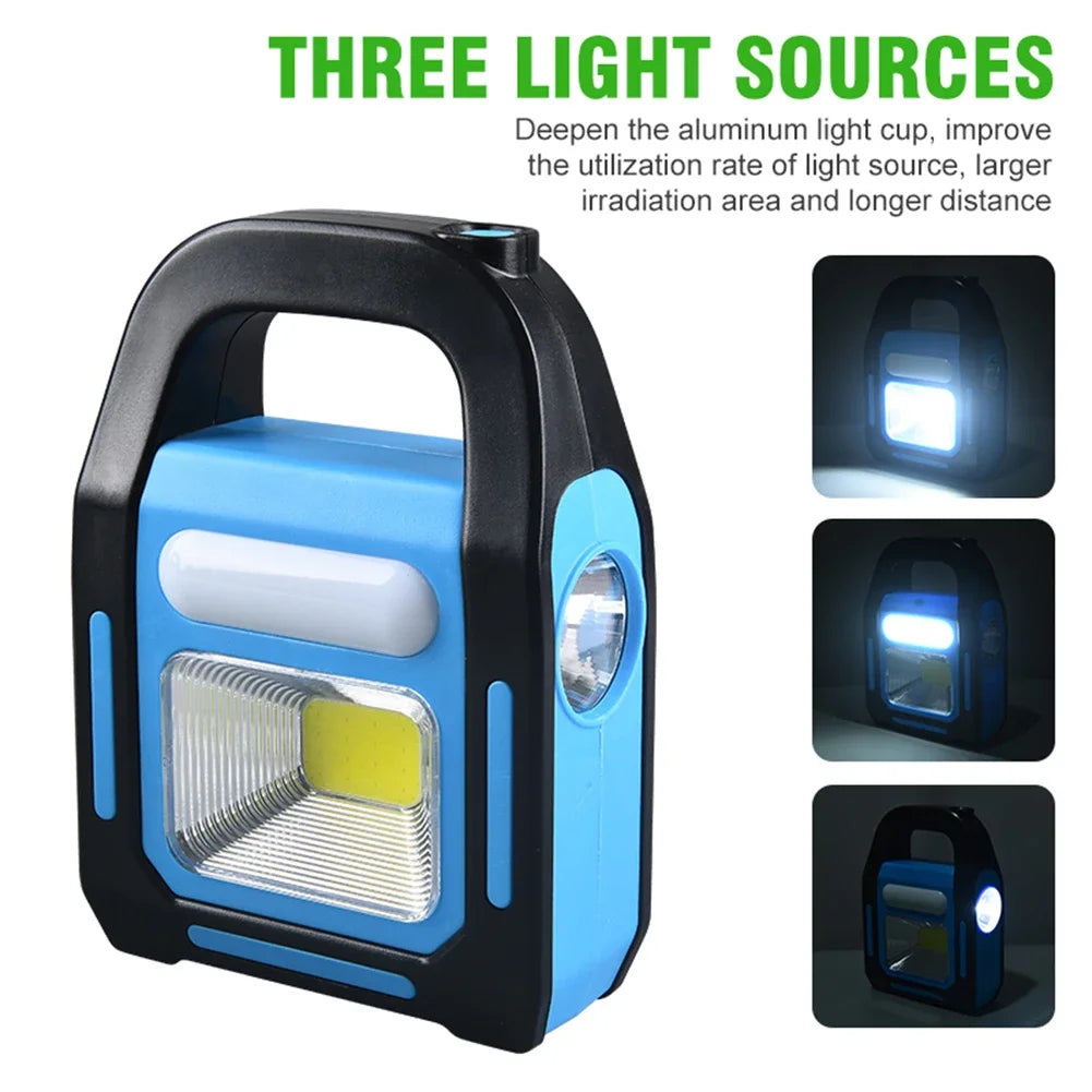 Multifunksjonell campinglanterne: LED-lys, solcelle, USB-lading og nødlader. Ideell for tur.