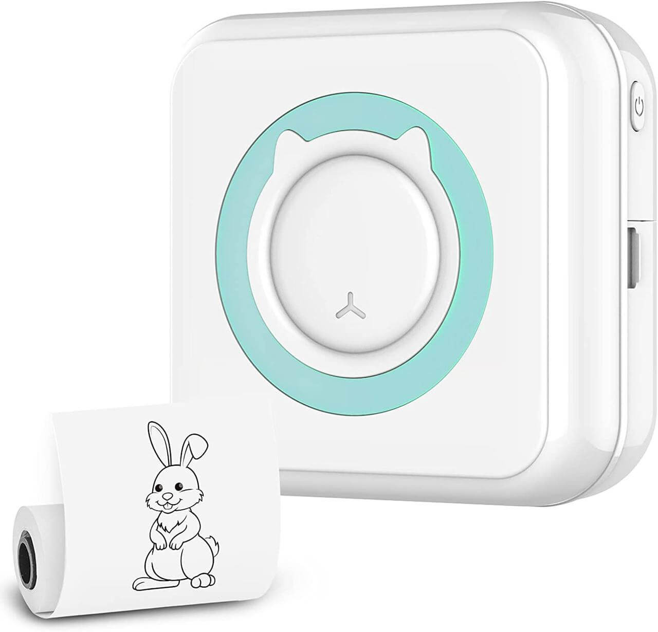 Bærbar mini fotoskriver, trådløs blekkfri utskrift via Bluetooth, hvit, kompakt design.