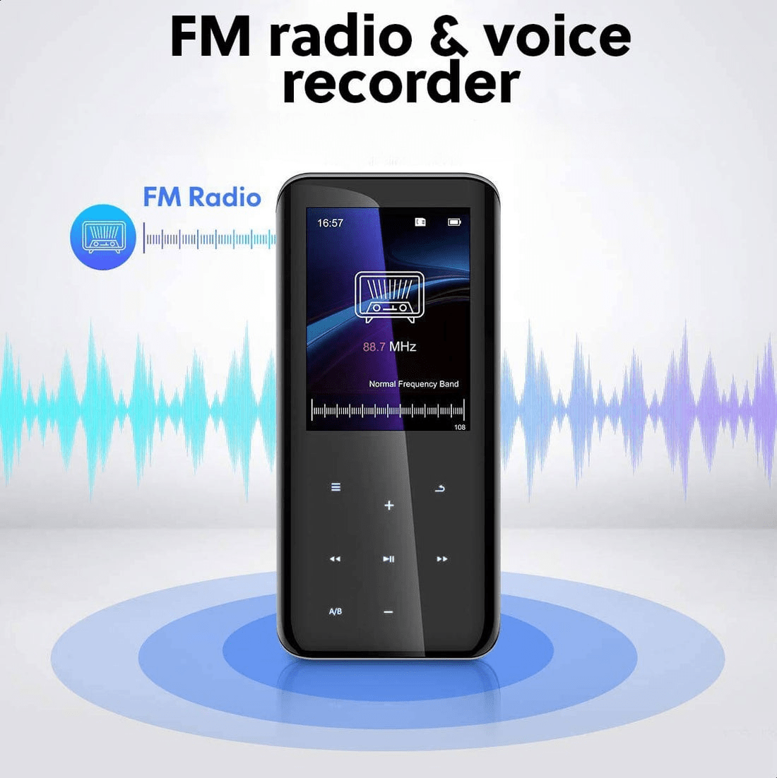Kompakt MP3-spiller med Bluetooth, FM-radio og 32GB lagring. Flott for trening, reise og pendling.