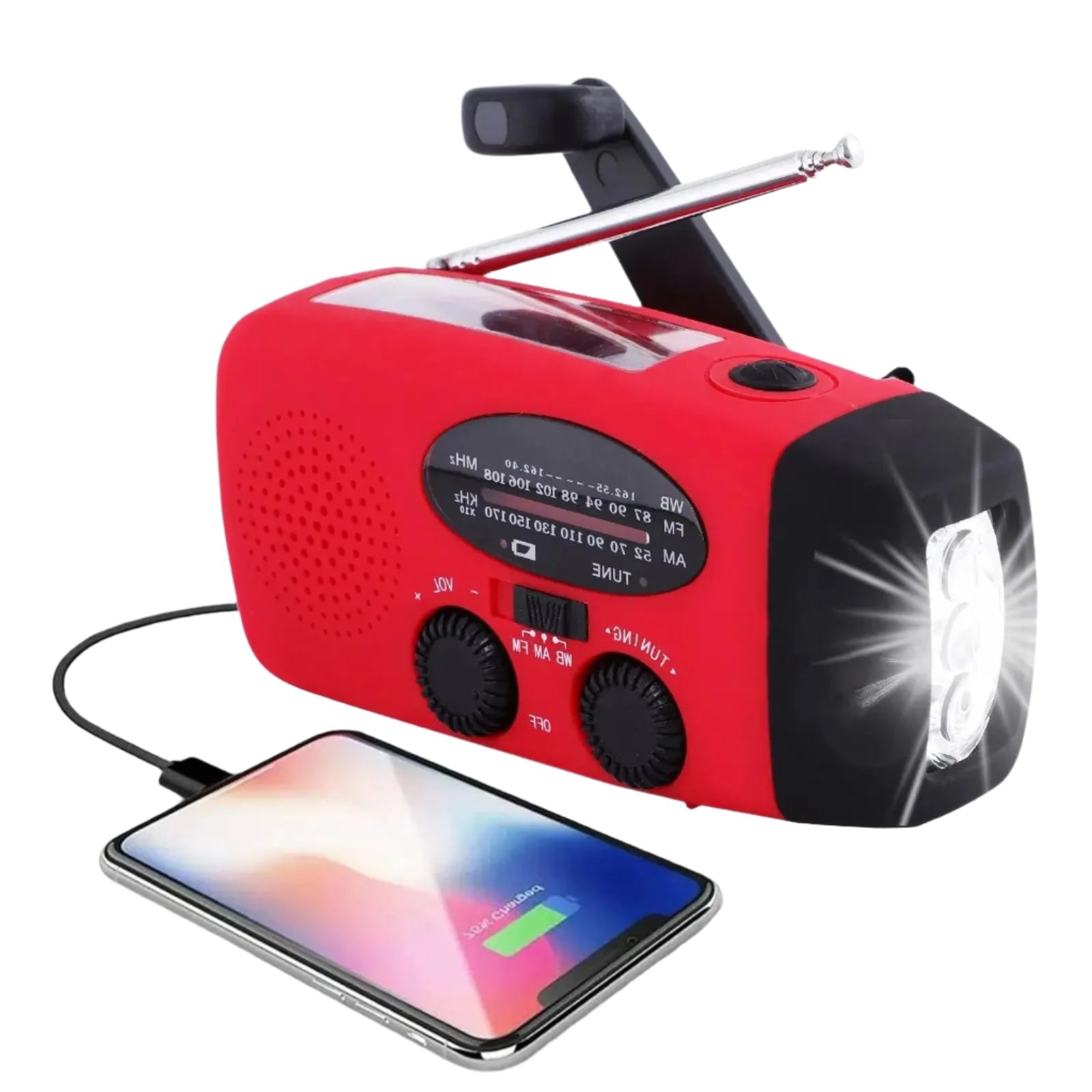 Bærbar nødradio med AM/FM, LED-lommelykt og powerbank. Perfekt for beredskap og friluftsliv.