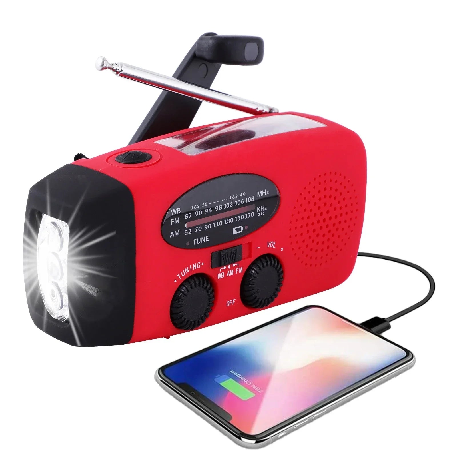 Vanntett bærbar nødradio med AM/FM, kraftig LED-lommelykt og powerbank. Robust for friluft og beredskap.