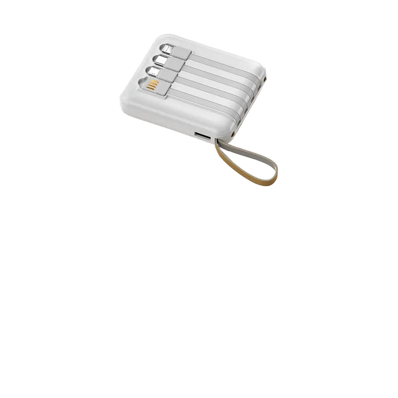 Bærbar powerbank 20000mAh med integrerte kabler for hurtiglading av mobil og nettbrett.