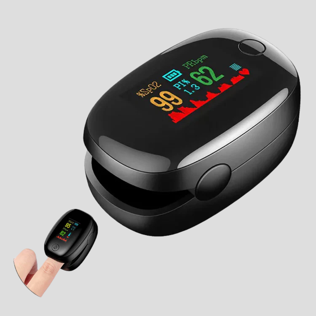 Fingertupp pulsoksymeter for daglig bruk, måler SpO₂ og puls, viktig for velvære.