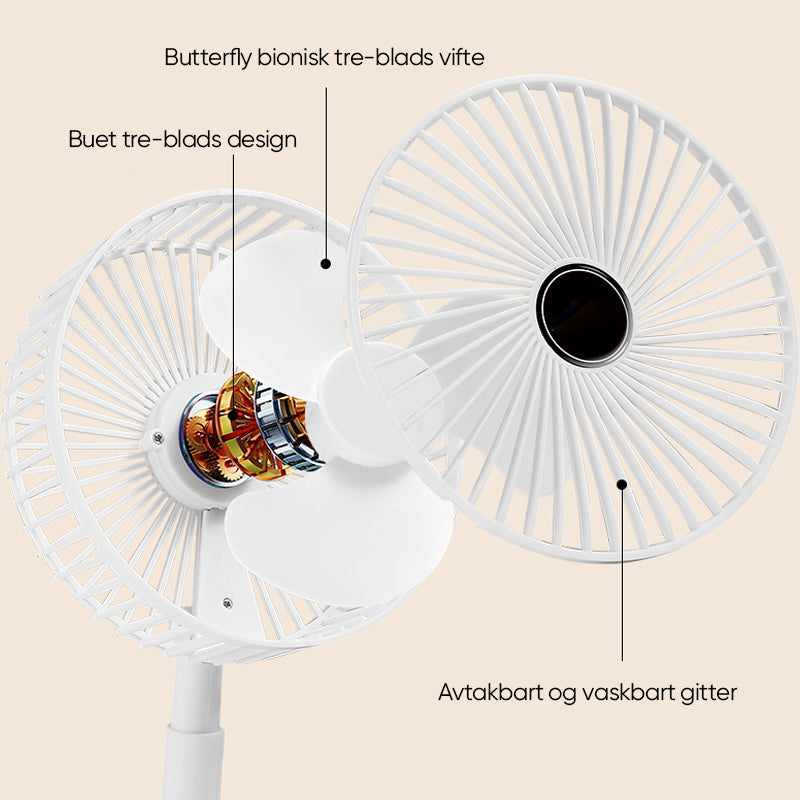 Kompakt reisevifte, teleskopisk design for maksimal bærbarhet og frisk luft.