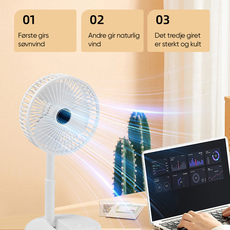Bærbar teleskopisk vifte med USB, perfekt for sommerdager på kontoret.