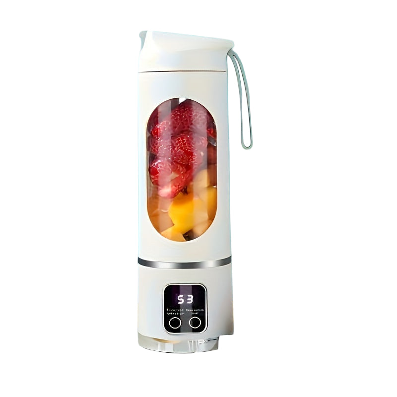 Bærbar USB-blender i bruk, lager frisk smoothie på farten. Perfekt for sunne drikker hvor som helst.