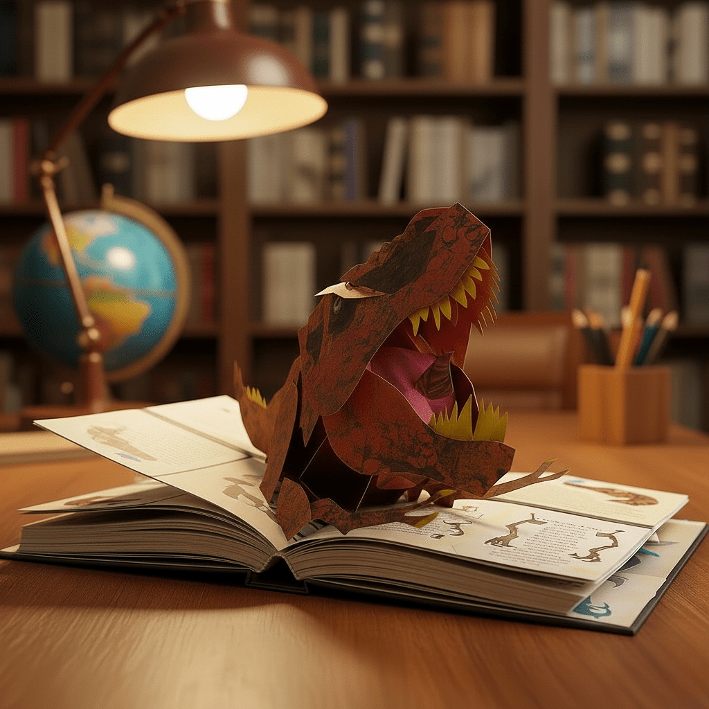 Nærbilde av detaljert popup-dinosaur i interaktiv 3D barnebok; fremmer læring og fantasi.