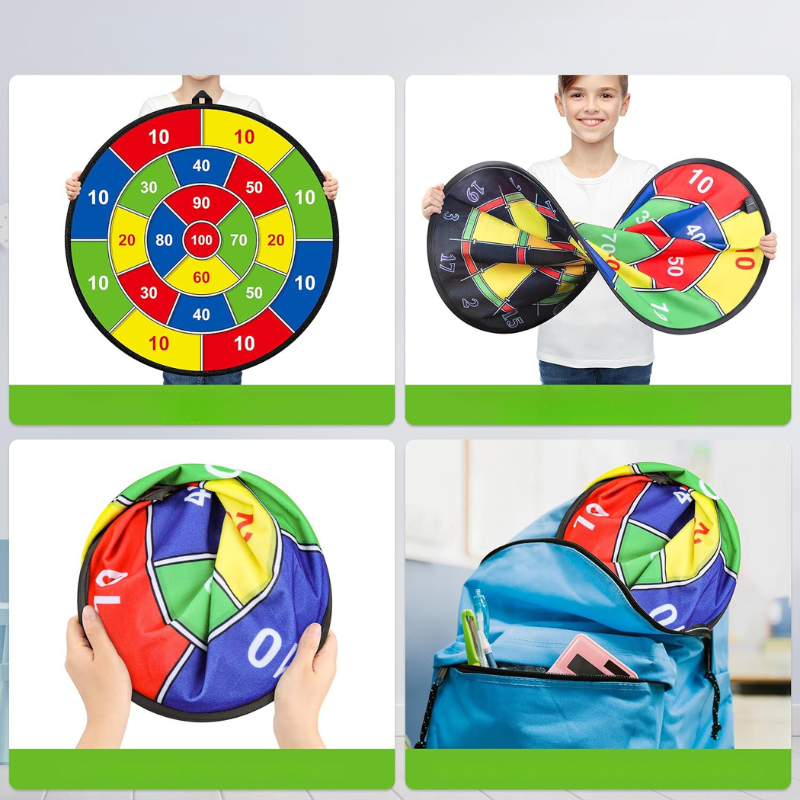 Fargerik dobbeltsidig barnedartskive med limballer, ideell for innendørs og utendørs moro. Inkluderer baller.