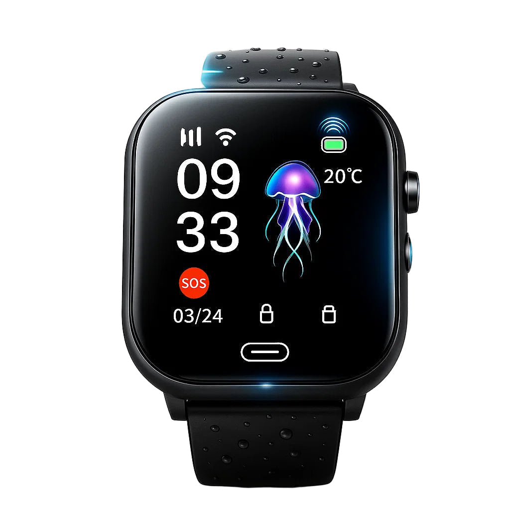 Barnas GPS smartklokke i svart, med kamera, vanntett design og SOS-funksjon for trygghet.